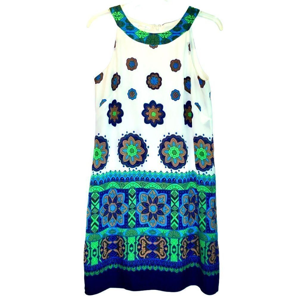 London Times Sleeveless Medallion Shift Dress in Blues/Greens/White Women’s 4